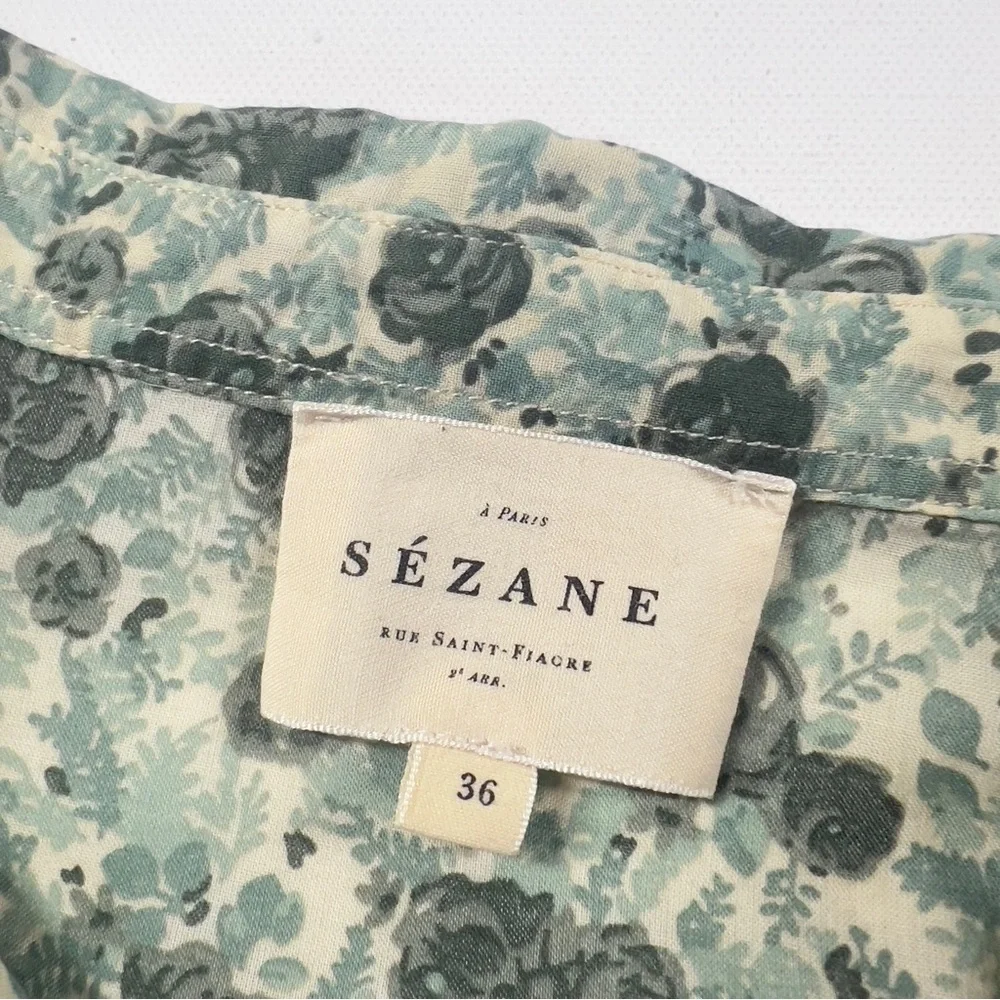 Sezane Green Floral Cotton Blouse Top Size 36 US 4 - Picture 7 of 12